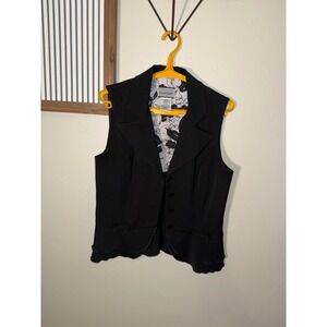 Breakin Loose Womens Black Ruffle Peplum Vest Bow Accent Floral Lining Size 9/10